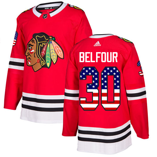 Adidas Blackhawks #30 ED Belfour Red Home Authentic USA Flag Stitched NHL Jersey - Click Image to Close